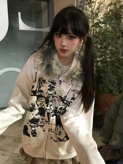 Print Tunic Y2k Zipper Hoodie
