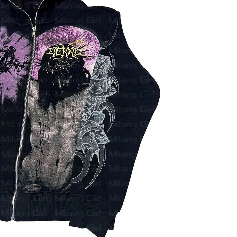 Goth Print Graphic Zip-Up Jackets