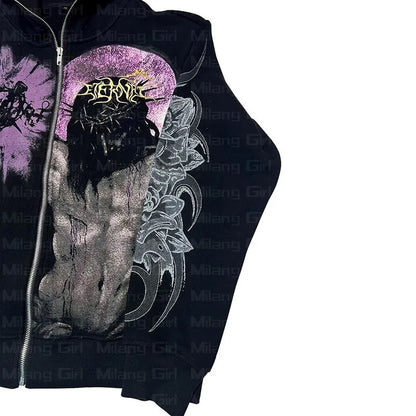 Goth Print Graphic Zip-Up Jackets