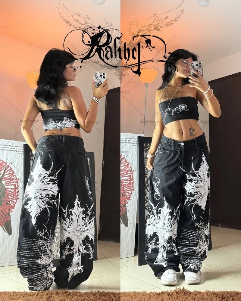 Y2K Streetwear  Cross Print Baggy Jeans