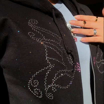 Gothic Butterfly Rhinestone Womens Zip-Up Jacket