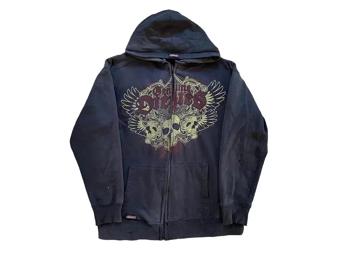 Y2k Vintage Gothic Fashion Skull Print Zip Up