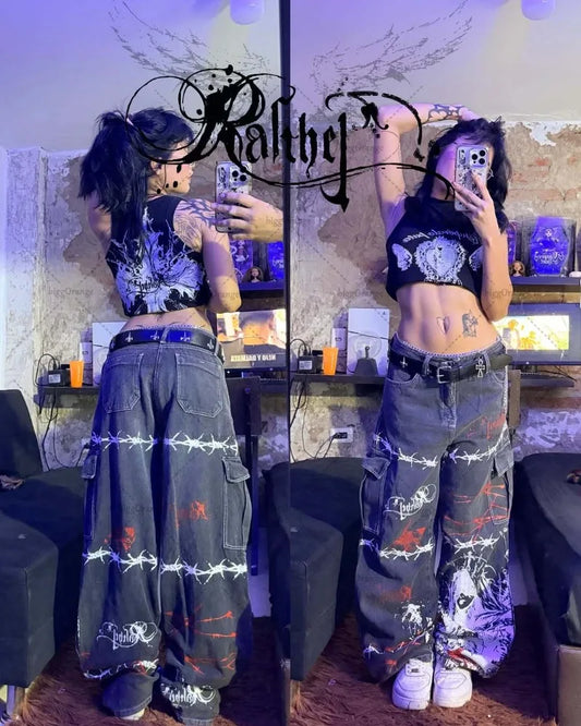 Gothic  Thorn Print Y2K Jeans