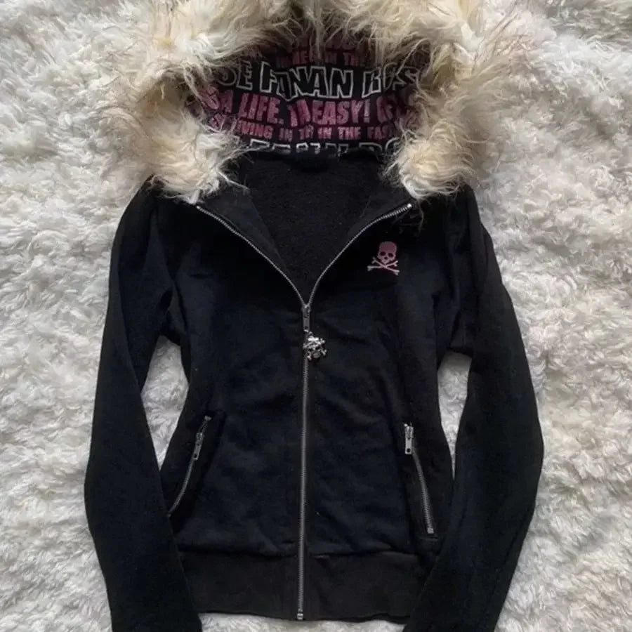 Black Fur Collar Zipper Sweatshirt