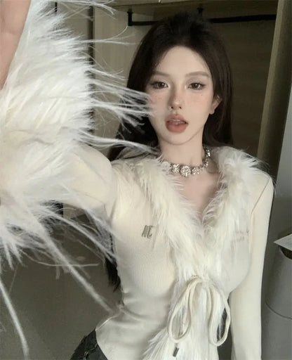 Long Sleeve Female Vintage Furry Crop Top