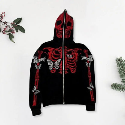 Streetwear Skeleton Rhinestone Zip-Up Hoodie