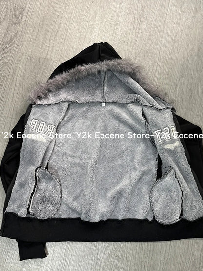 Vintage Letter Fur Collar Hooded Sweatshirt