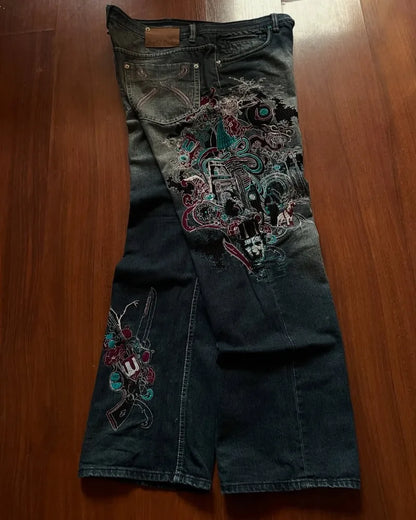 High Waist Graphic Embroidery Oversized Jeans