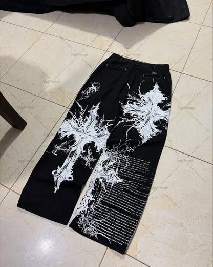 Y2K Streetwear  Cross Print Baggy Jeans