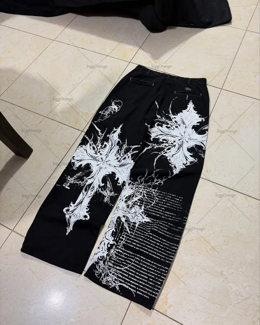 Y2K Streetwear  Cross Print Baggy Jeans