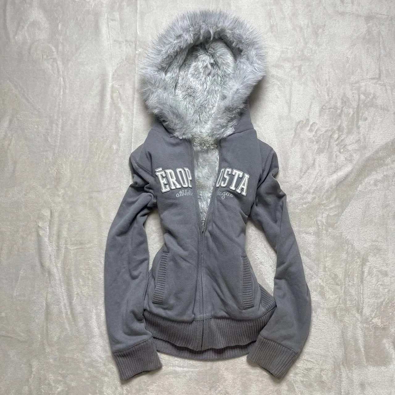 Vintage Letter Fur Collar Hooded Sweatshirt