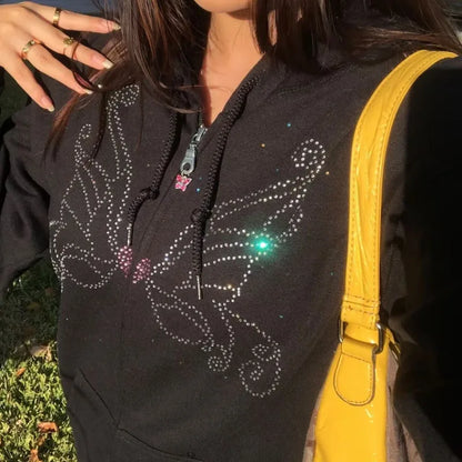 Gothic Butterfly Rhinestone Womens Zip-Up Jacket