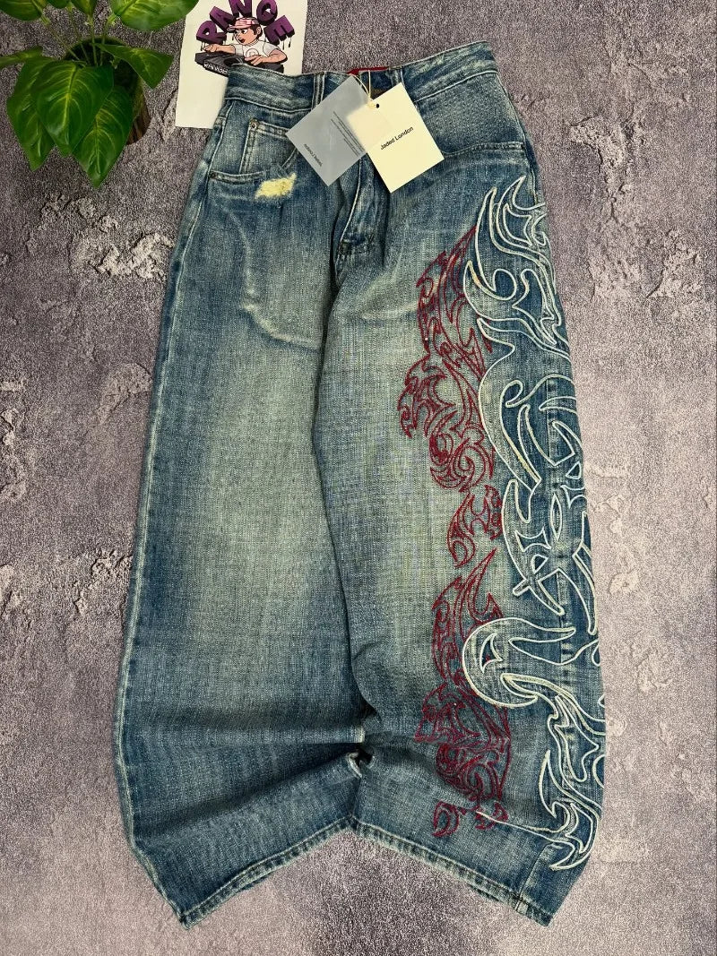 Letter Embroidery Baggy Jeans