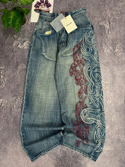 Letter Embroidery Baggy Jeans