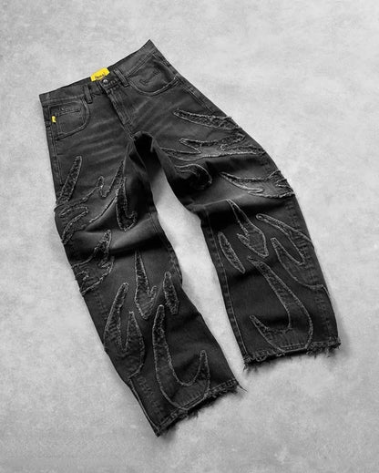 Distressed Embroidery Baggy Jeans