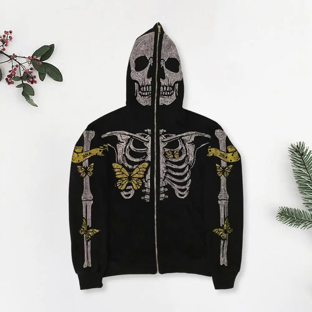 Unisex Streetwear Rhinestone Skeleton Hoodie