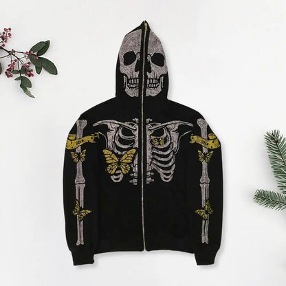 Unisex Streetwear Rhinestone Skeleton Hoodie