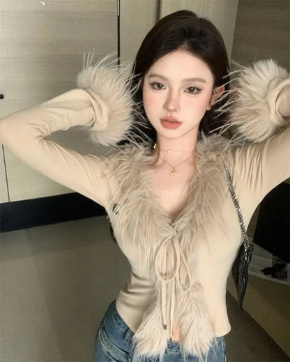Long Sleeve Female Vintage Furry Crop Top