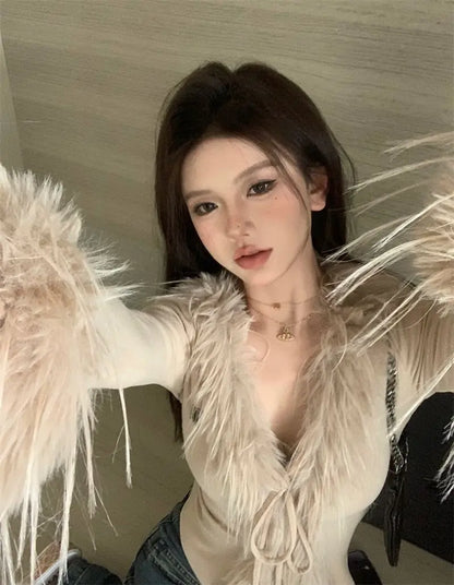Long Sleeve Female Vintage Furry Crop Top