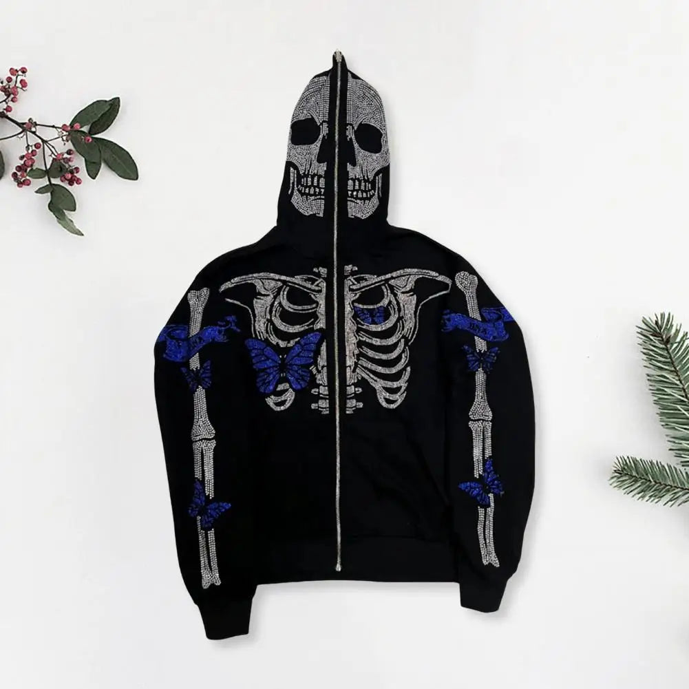 Unisex Streetwear Rhinestone Skeleton Hoodie