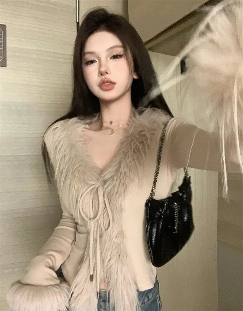 Long Sleeve Female Vintage Furry Crop Top