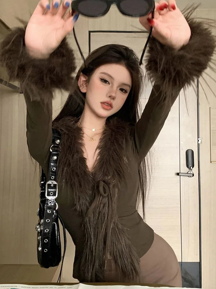 Long Sleeve Female Vintage Furry Crop Top