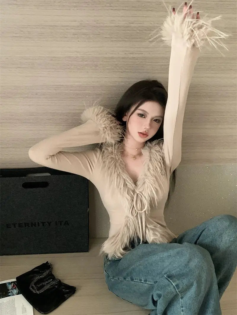 Long Sleeve Female Vintage Furry Crop Top