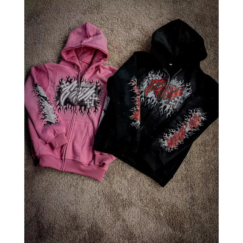 Y2k American Retro Zip Hoodie