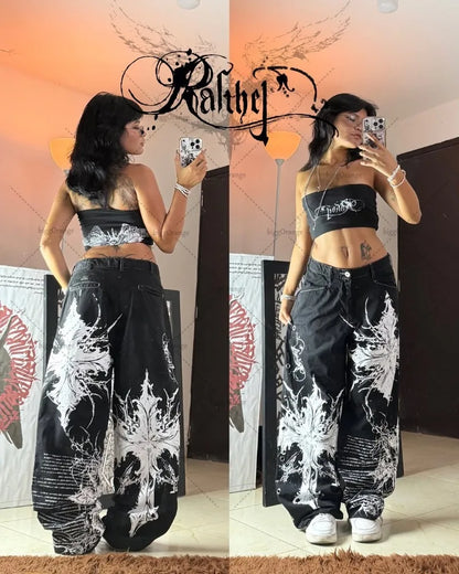 Y2K Streetwear  Cross Print Baggy Jeans