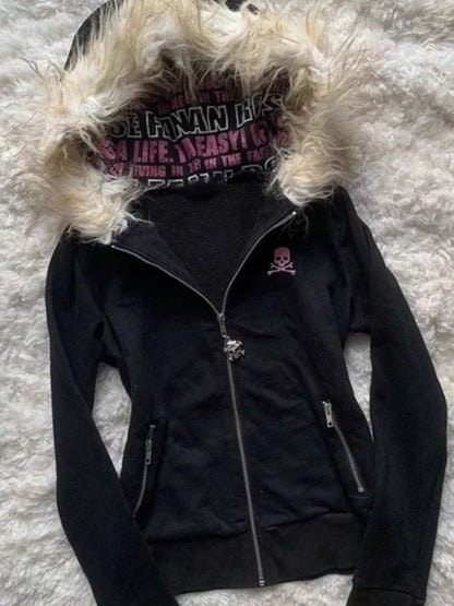Black Fur Collar Zipper Sweatshirt