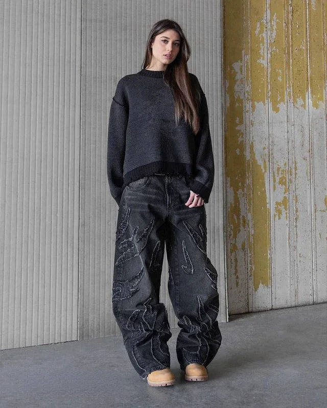 Distressed Embroidery Baggy Jeans