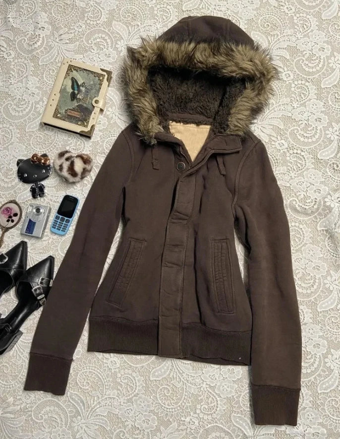 Vintage Letter Fur Collar Hooded Sweatshirt
