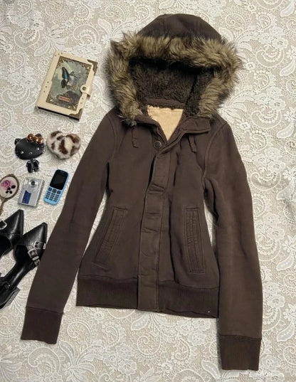 Vintage Letter Fur Collar Hooded Sweatshirt
