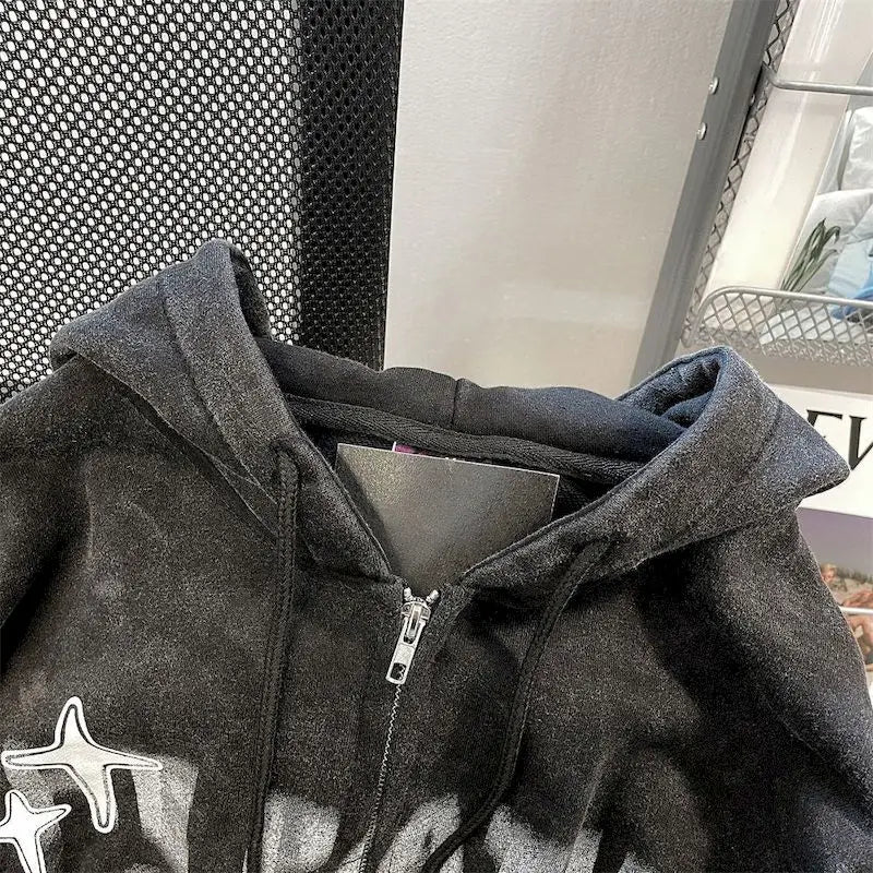 Retro Star Print Zip Oversized Hoodies