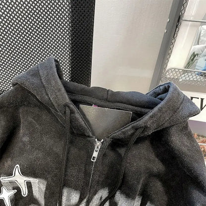 Retro Star Print Zip Oversized Hoodies
