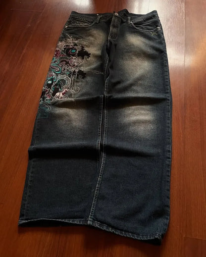 High Waist Graphic Embroidery Oversized Jeans