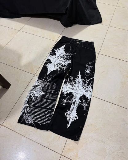 Y2K Streetwear  Cross Print Baggy Jeans