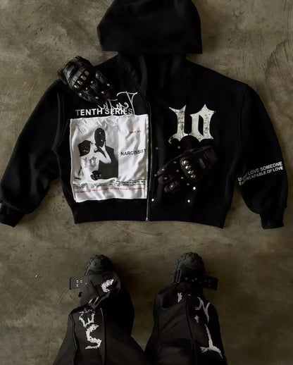 NARCISSIST Black Gothic Zip Up Hoodies