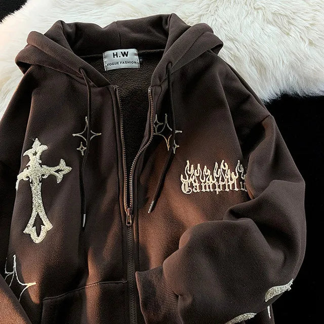 Embroidery Hoodies Street Zip Up Hoodie