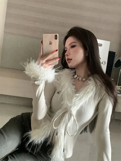 Long Sleeve Female Vintage Furry Crop Top