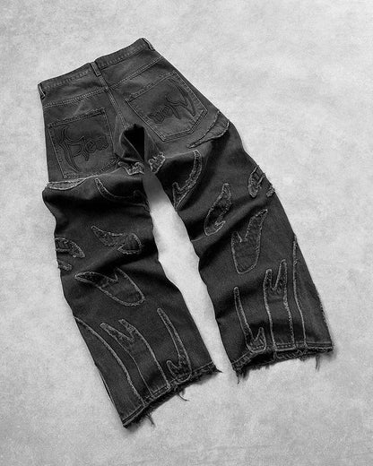 Distressed Embroidery Baggy Jeans
