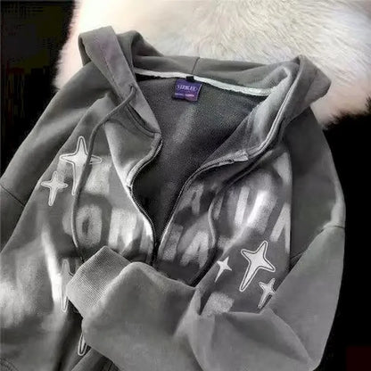 Retro Star Print Zip Oversized Hoodies