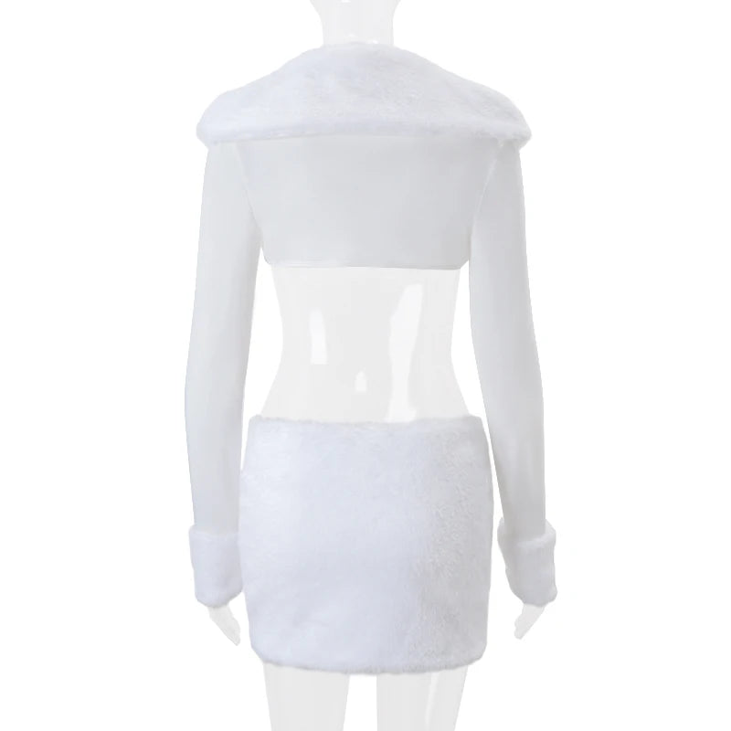Candyhot Faux Fur Long Sleeve Cardigan and Mini Skirt Y2K 2 Pieces Set