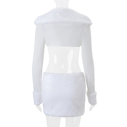 Candyhot Faux Fur Long Sleeve Cardigan and Mini Skirt Y2K 2 Pieces Set