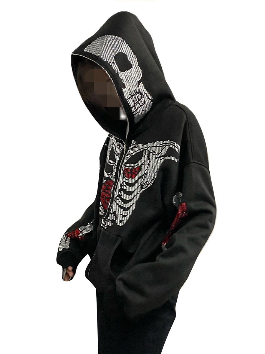 Skeleton Print Full Zip Up Punk Hoodie