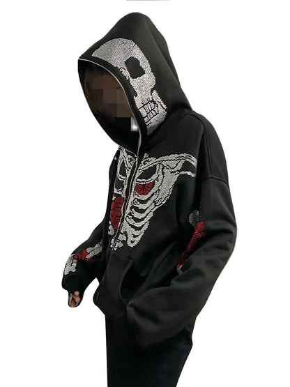 Skeleton Print Full Zip Up Punk Hoodie