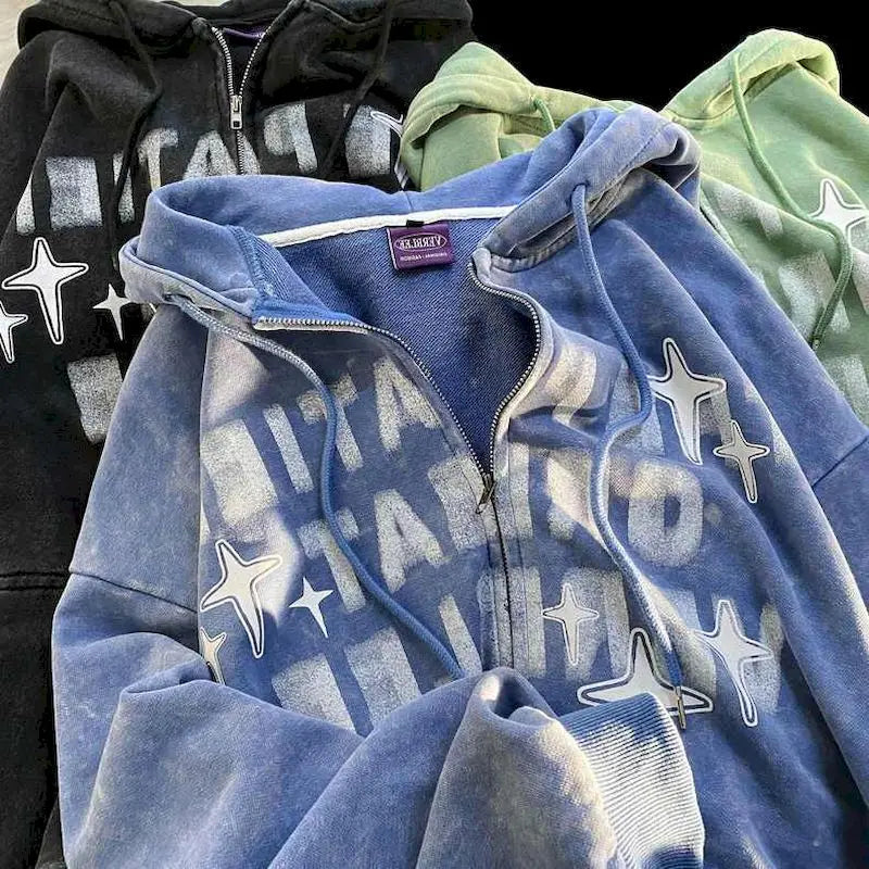 Retro Star Print Zip Oversized Hoodies