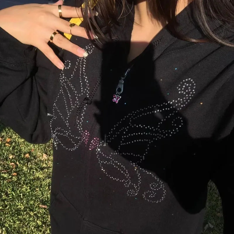 Gothic Butterfly Rhinestone Womens Zip-Up Jacket
