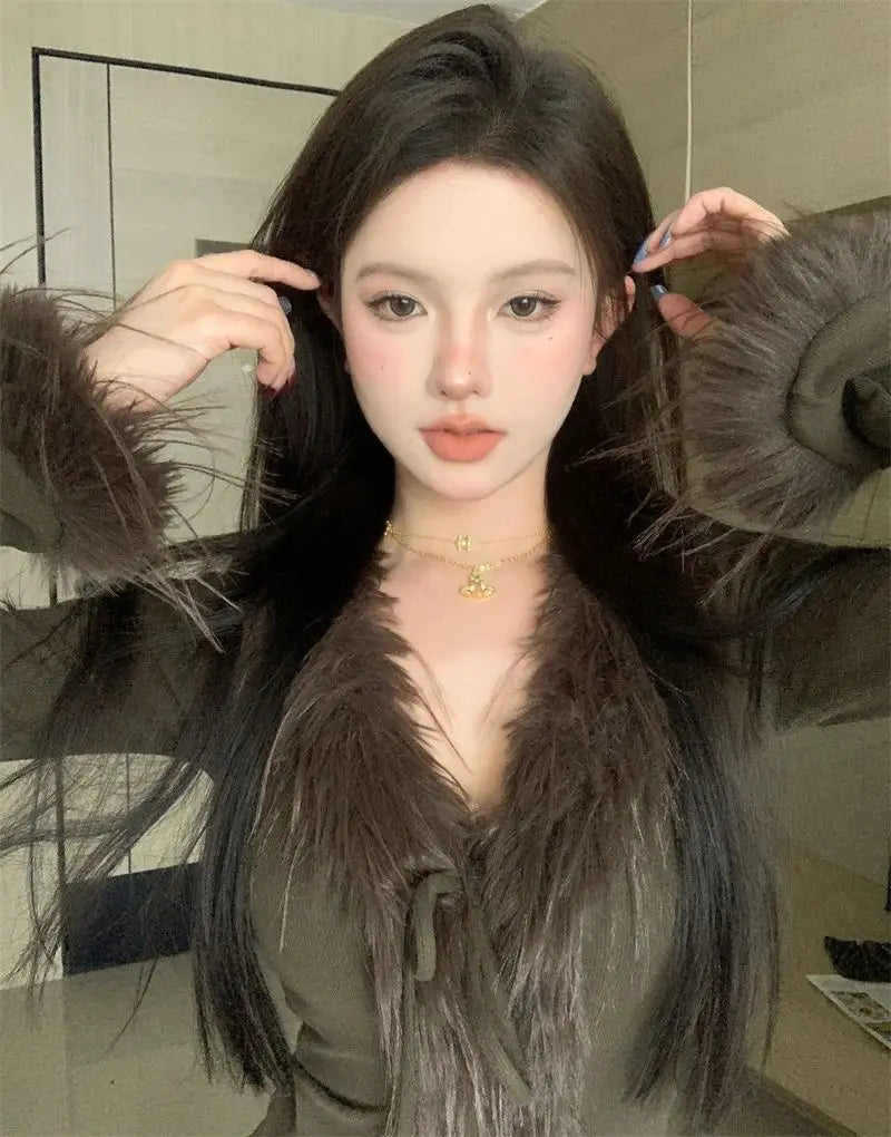 Long Sleeve Female Vintage Furry Crop Top