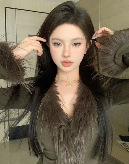 Long Sleeve Female Vintage Furry Crop Top